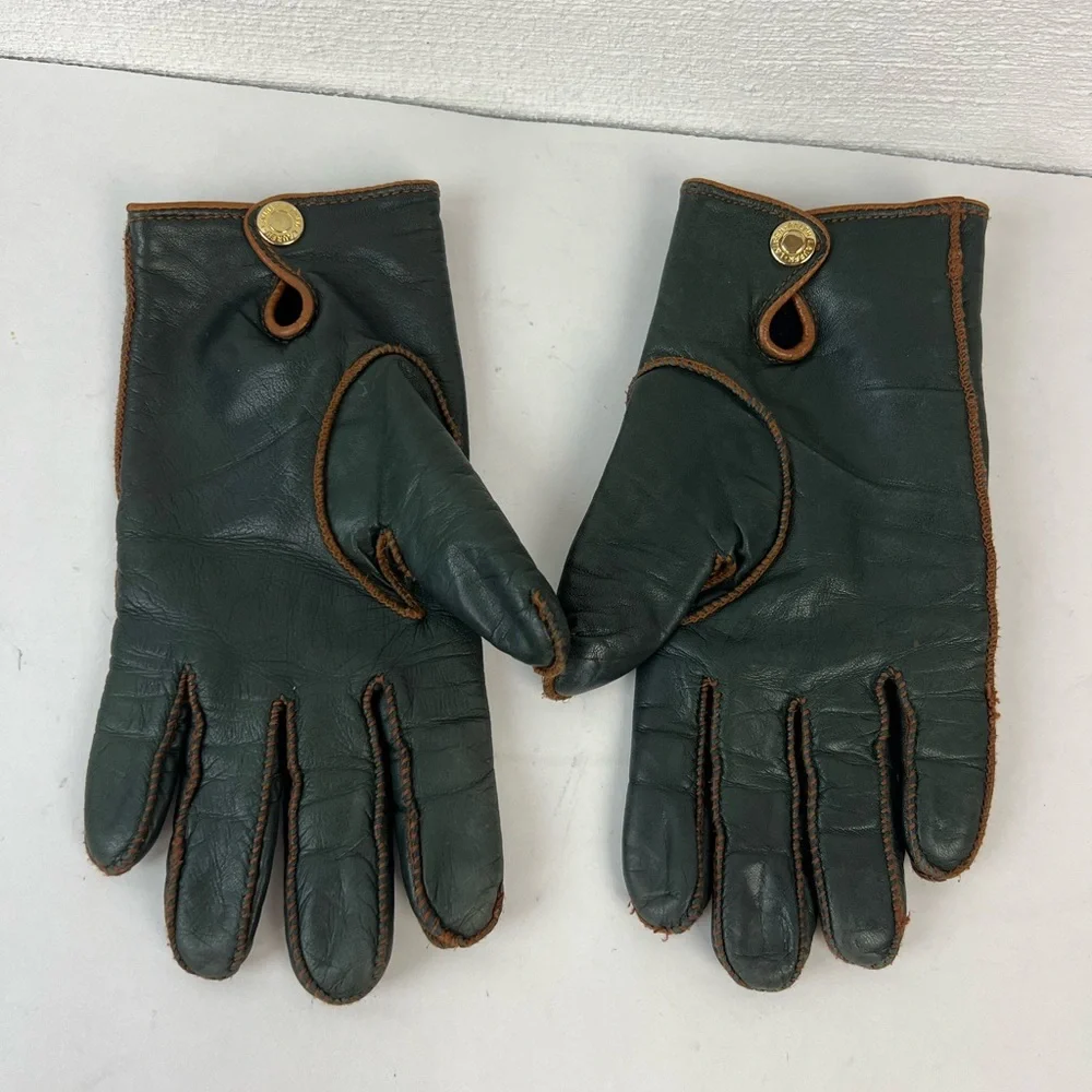 LRL Lauren Ralph Lauren Green Tan Leather Gloves, Medium